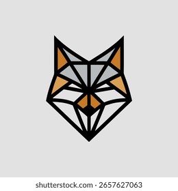A stylized geometric fox head graphic with sharp angles in orange, gray, and black outlines against a light gray background.