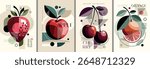 Stylized geometric Fruit Illustrations Featuring Strawberry, Apple, Cherry, and Orange in 4 Unique Designs