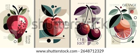 Stylized geometric Fruit Illustrations Featuring Strawberry, Apple, Cherry, and Orange in 4 Unique Designs