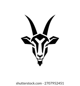 A stylized, geometric goat head logo design in black and white, featuring sharp lines and a modern aesthetic.