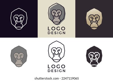 Ilustración geométrica estilizada de la cabeza de gorila. Diseño de cinta tribal de icono vector en 6 estilos diferentes