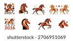 Stylized Geometric Horse Illustrations on a White Background for New Year 2026