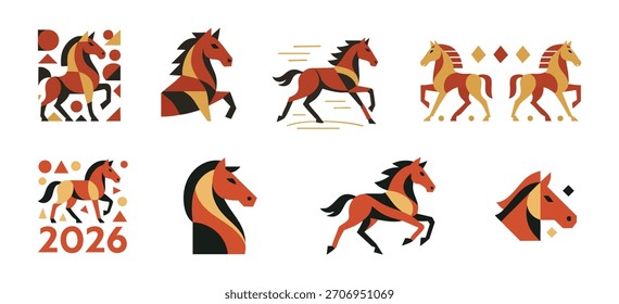 Ilustraciones geométricas estilizadas del caballo en un fondo blanco para el año Nuevo 2026