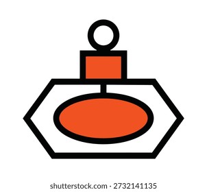 Un icono geométrico estilizado que representa una botella de perfume con una forma ovalada naranja dentro de un contorno hexagonal.
