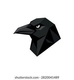 A stylized, geometric illustration of a black crow's head with sharp angles and a piercing gaze.