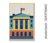 A stylized, geometric illustration of a building with a flag on top, featuring a limited color palette and a modern design.