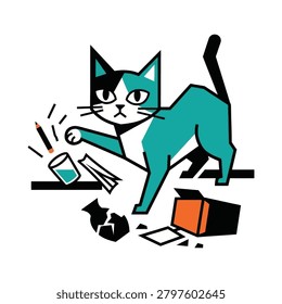 A stylized geometric illustration of a mischievous teal and white cat knocking a pencil and glass off a desk with broken items on the floor.