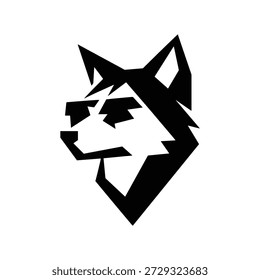 A stylized geometric illustration of a wolf's head in black color, created using sharp polygons and clean lines, isolated on white background