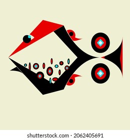 Imagen geométrica estilizada de un pez de color rojo, negro y turquesa
