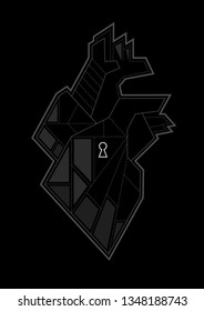 Stylized geometric image of a human heart with a keyhole inside. Gothic vector graphics.