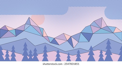 Stylized geometric landscape, winter view, sunset in mountains, vector illustration