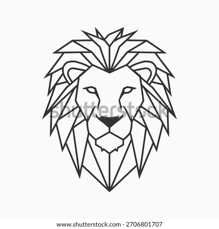 A stylized geometric lion head created with black lines on a white background. The design is modern, polygonal, and symmetrical, featuring a majestic mane and a calm expression.