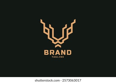 Stylized Geometric Lion Head Logo with Antlers in "V" Shape, Minimalist Modern Design, Luxurious Gold Color Scheme