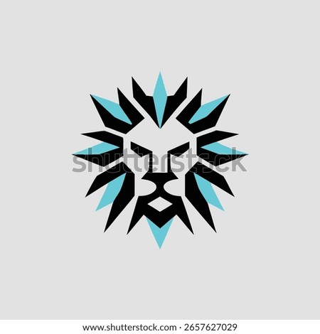 A stylized geometric lion head logo in black and cyan on a light gray background. The design features sharp angles and a symmetrical composition.