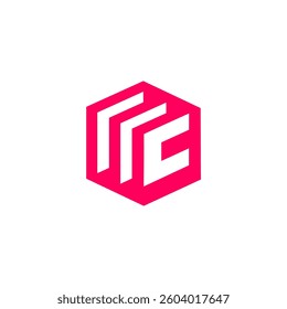 A stylized geometric logo featuring two white, angled, parallel shapes resembling the letter "C" or an open book, positioned within a pink hexagon.
