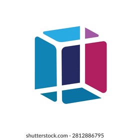 Stylized geometric logo resembling an open cube, featuring cyan, magenta, teal, and dark blue shapes arranged to create depth and dynamic perspective.
