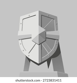 Un escudo medieval estilizado y geométrico montado en un soporte simple, representado en escala de grises.