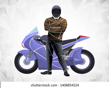 A stylized, geometric motorcycle vector. Motocross rider creates a huge cloud of dust. motorbike on the forest road riding. having fun driving the empty road.