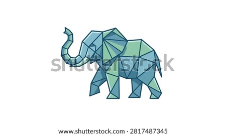Stylized geometric origami elephant in blue and green tones, depicted in a modern, polygonal art style on a white background.