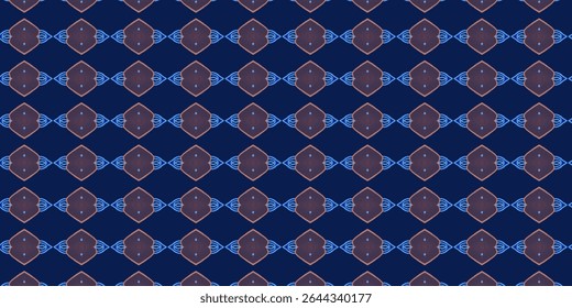 Stylized geometric pattern featuring mauve diamond shapes with neon blue accents on a deep navy background. Great for textiles, fashion, and contemporary designs.