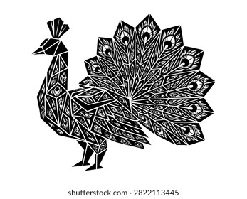 A stylized geometric peacock illustration featuring intricate tribal patterns and a fanshaped tail on a plain white background