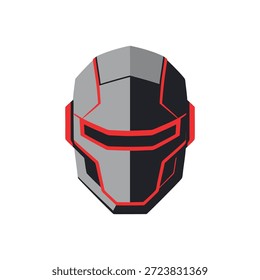 A stylized, geometric robot head with a dark gray and light gray face, accented by glowing red lines around the visor and sides.