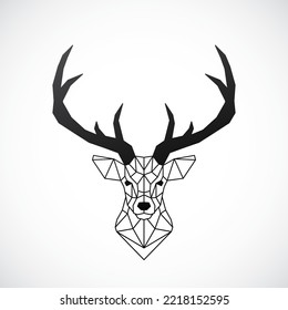 Venado de forma geométrica estilizada con cuerno negro. Símbolo Hipster.  Reno de bajo nivel de polaco. Diseño de Line Art.