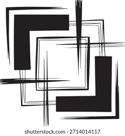 Formas geométricas estilizadas en blanco y negro, estratificadas e intersecadas para crear una composición abstracta compleja con una sensación de profundidad y tensión visual