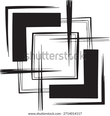 Stylized geometric shapes in black and white, layered and intersecting to create a complex abstract composition with a sense of depth and visual tension
