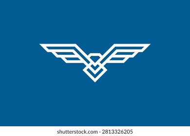 Stylized geometric soaring bird emblem logo on a blue background, representing power, agility, and majestic flight