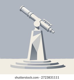 Telescópio geométrico estilizado montado num pedestal único, colocado contra um fundo plano.