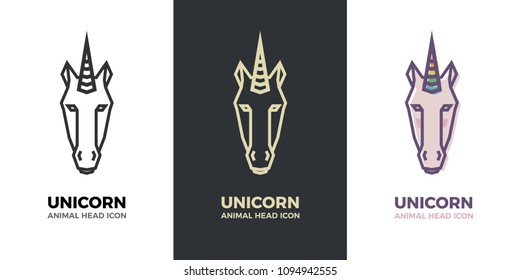 Stylized geometric Unicorn head illustration. Vector icon tribal icon. Colorful rainbow horn