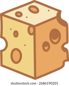 A stylized and geometric vector illustration of a cube of cheese, viewed in perspective, suggesting a small cheese block or a die.
