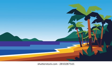 A stylized geometric vector illustration of a tropical beach with palm trees, ocean, and distant mountains under a blue sky.