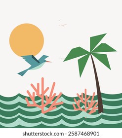 A stylized, geometric, and vibrant tropical scene, incorporating elements like birds, sun, palm trees, ocean, and coral. Perfect for summer-themed designs, with its fresh and flat style.

