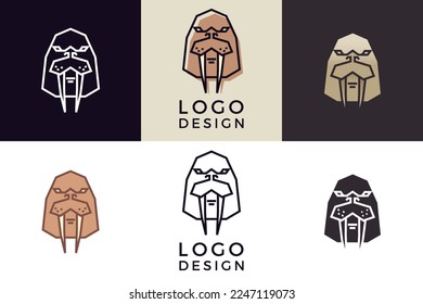 Ilustración de la cabeza de la morsa geométrica estilizada. Diseño de animales tribales con icono vector en 6 estilos diferentes