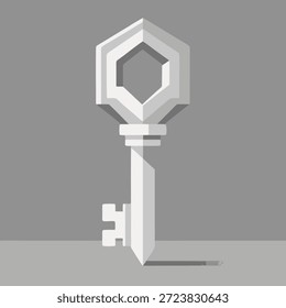 Uma chave de esqueleto branco, geométrica e estilizada com uma cabeça hexagonal, projetando uma sombra em uma superfície cinza simples.