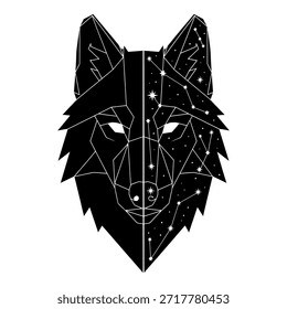 A stylized geometric wolf head illustration, featuring a split design with one side solid black and the other depicting a starry night sky. This abstract artwork blends wildlife with celestial themes.