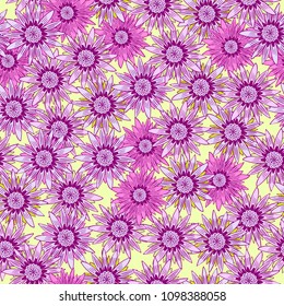 Stylized Gerbera or Daisies. Seamless Flower Pattern in Ethnic Style. Hand-drawn African Camomile. Seamless Flower Background for Fashion Printing, Cloth, Textile, Fabric, Paper, Wrapping.