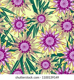 Stylized Gerbera or Daisies. Seamless Flower Pattern with Leaves in Ethnic Style. Hand-drawn African Camomile. Seamless Flower Background for Fashion Printing, Cloth, Textile, Fabric, Paper, Wrapping.