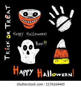 Stylized Ghost, Candy Corn, Handprint and Candy Bowl a black background. Happy Halloween set. Vector illustration.