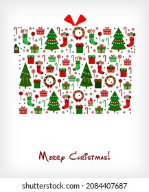 Stylized gift box consisting of christmas icons flat style and sign Merry Christmas background. Christmas greeting card, poster, holiday cover with decoration element. Vector Illustration