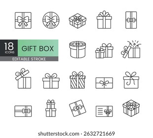 Stylized gift box icons in linear design with editable stroke for holiday visuals birthday cards seasonal marketing and festive packaging decoration projects