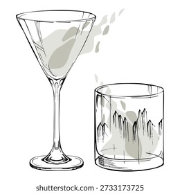 Stylized Gin Tonic, vodka sambuca tequila in martini ink glass, water or lemonade in tumbler. Hand drawn vector, minimalist geometry. Restaurant, bar branding, pattern packs, and product packaging.