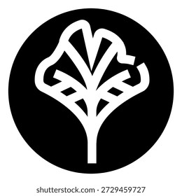 Símbolo estilizado de la hoja del biloba del ginkgo que forma un icono moderno, minimalista del árbol dentro de un círculo negro sólido, representando la naturaleza, el crecimiento, y la sabiduría antigua en una ilustración gráfica simple