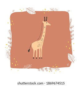 Girafa estilizada sobre un fondo marrón. Ilustración de una almohada, camiseta para niños, afiche en la guardería.