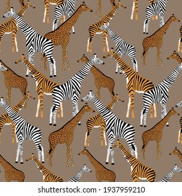 Stylized giraffes with zebra, leopard and tiger coloring on a beige background in vector