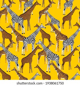 Stylized giraffes with zebra, leopard and tiger coloring on a yellow background in vector