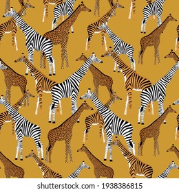 Stylized giraffes with zebra, leopard and tiger coloring on a golden background in vector