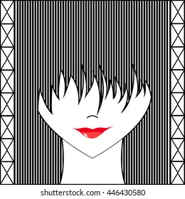 Stylized girl with face covered long bangs. No face woman.